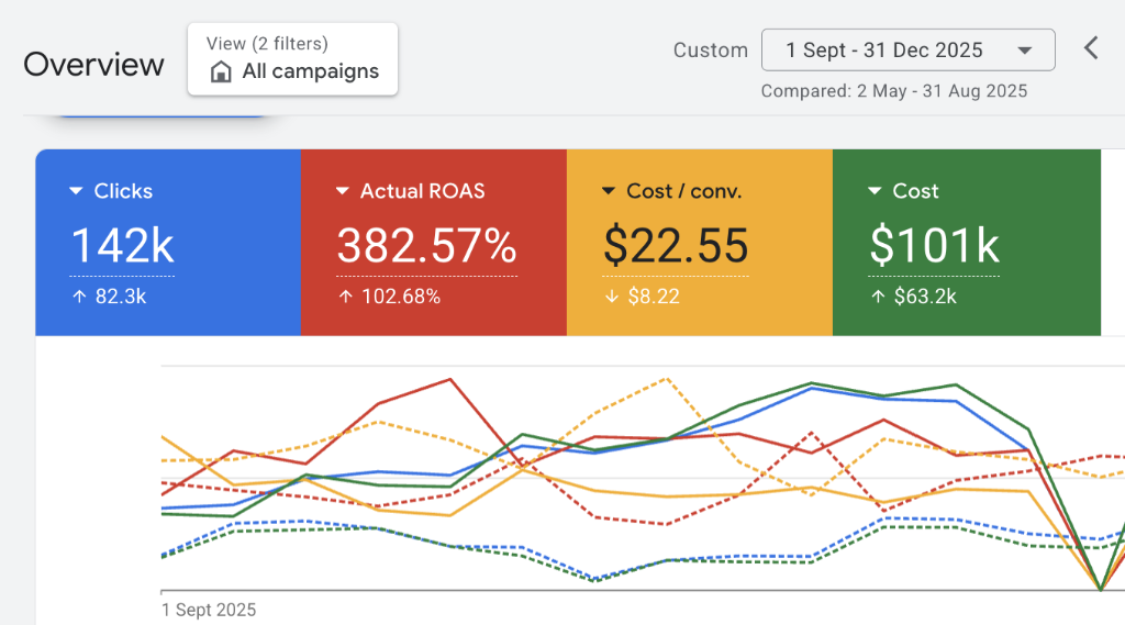 Google Ads dashboard showing $101K spend generating 142K clicks at 382% ROAS