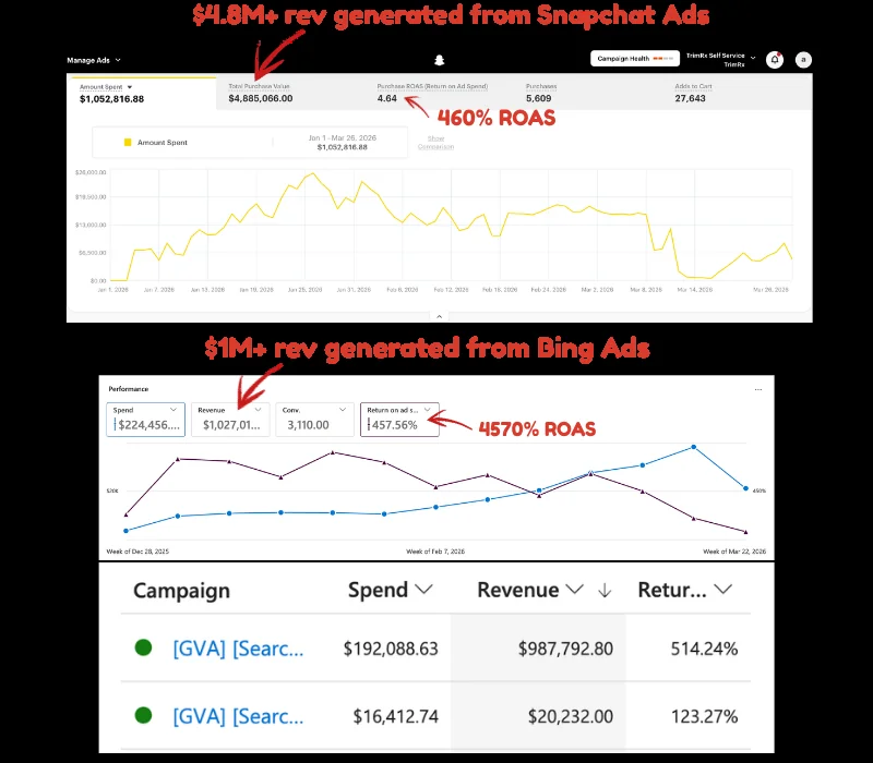 Snapchat Ads $4.8M revenue and Bing Ads 4570% ROAS dashboards